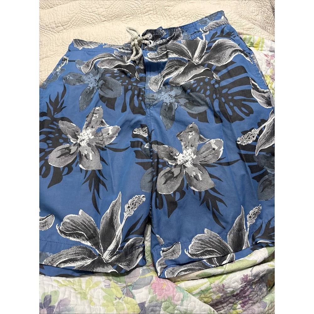 Tommy Bahama Relax Swim Trunks M Medium Blue Black Hawaiian Mesh Lined Stretch